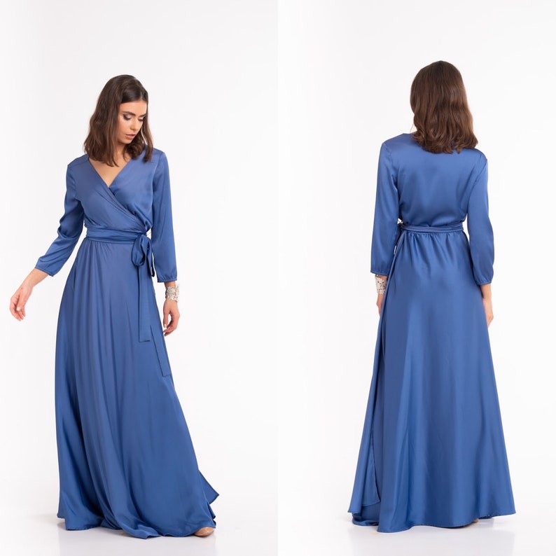 Aquamarine Wrap Dress 3/4 sleeve Long Dress Silk Maxi Dress Jeans
