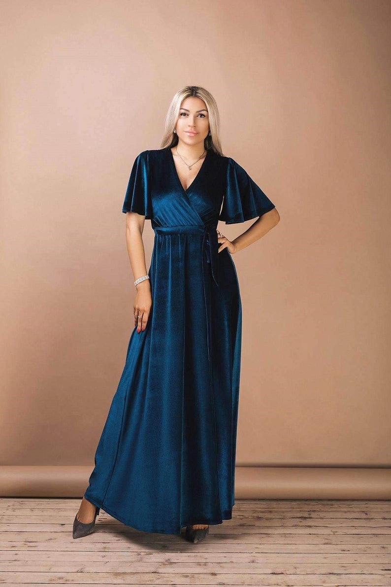 Emerald Green Velvet Wrap Maxi Dress Flutter Sleeve Long Bridesmaid Gown Elegance Meets Versatility in this Stunning Velvet Dress Dark Teal