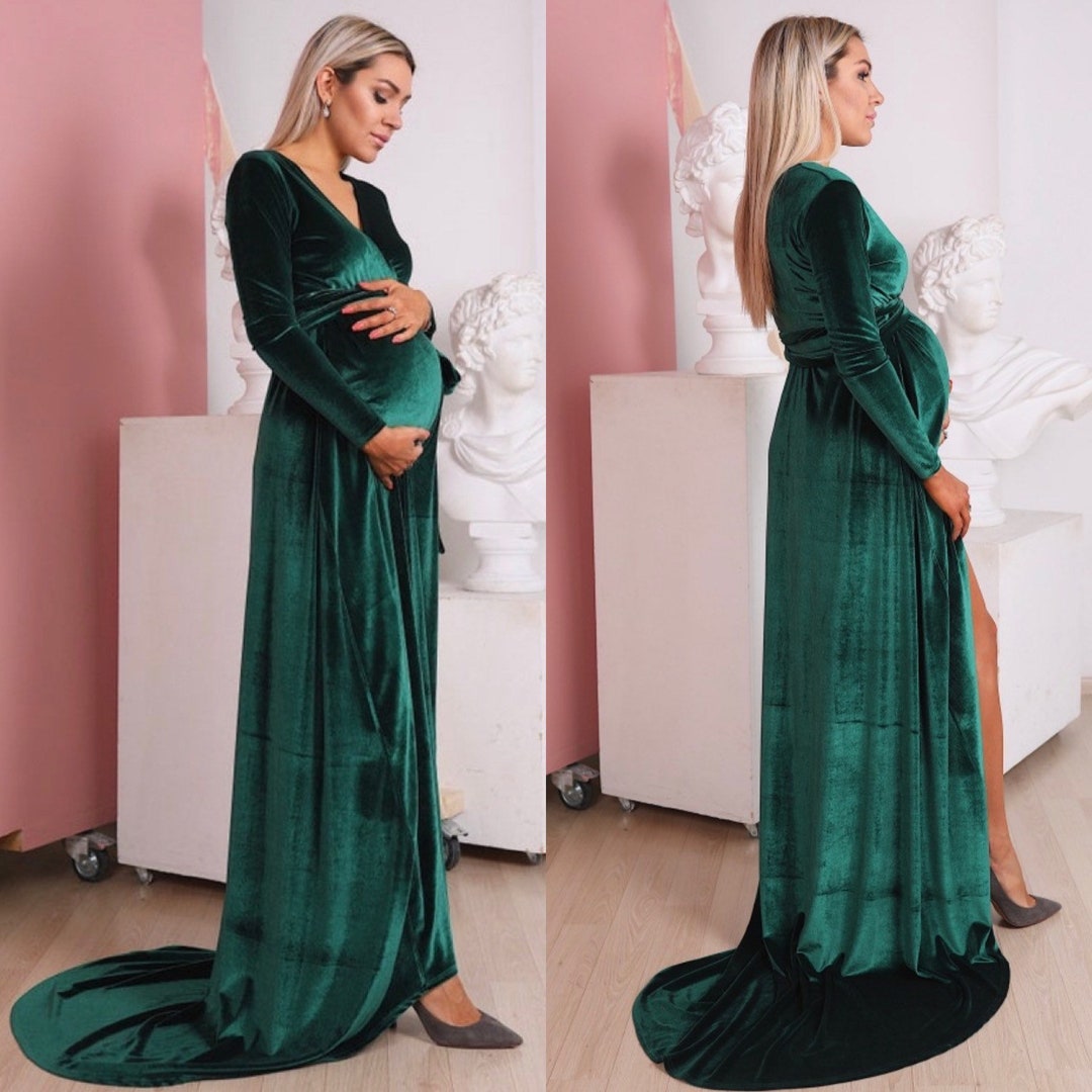 Emerald Green Velvet Dress With Train, Long Sleeve Velvet Dress, Maternity  Wrap Maxi Dress, Bridesmaid Wrap Gown With Train 