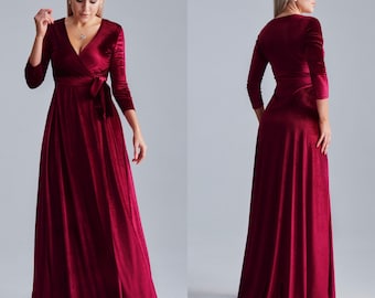 Burgundy Velvet Dress with Train, Long Sleeve Velvet Dress, Wrap Maxi Dress, Bridesmaid Wrap Gown, Velvet Bridesmaid Dress, Velvet Maxi Gown