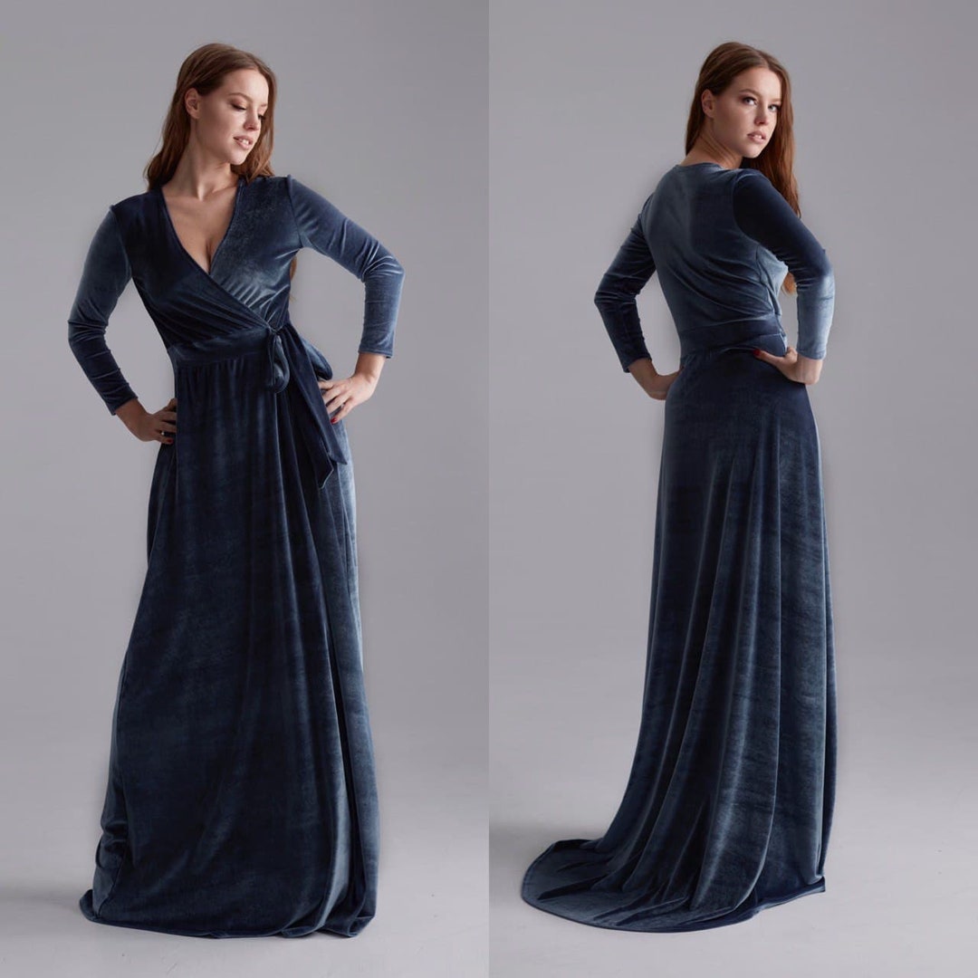 Gray Velvet Dress With Train, Long Sleeve Velvet Dress, Wrap Maxi Dress