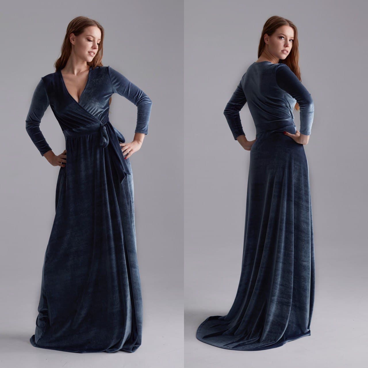 Gray Velvet Dress with Train, Long Sleeve Velvet Dress, Wrap Maxi Dress, Bridesmaid Wrap Gown, Velvet Bridesmaid Dress, Wrap Maxi Gown
