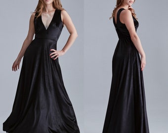 Black Velvet Dress, V-Neck Velvet Dress, Party Maxi Dress, Bridesmaid Deep Back Gown, Velvet Bridesmaid Dress, A-line Velvet Net  Dress