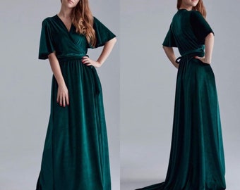 Dark Green Velvet Dress with Train, Flutter Sleeve Maxi Dress, Bridesmaid Wrap Maxi Gown, Velvet Bridesmaid Dress with Train, Velvet Dress