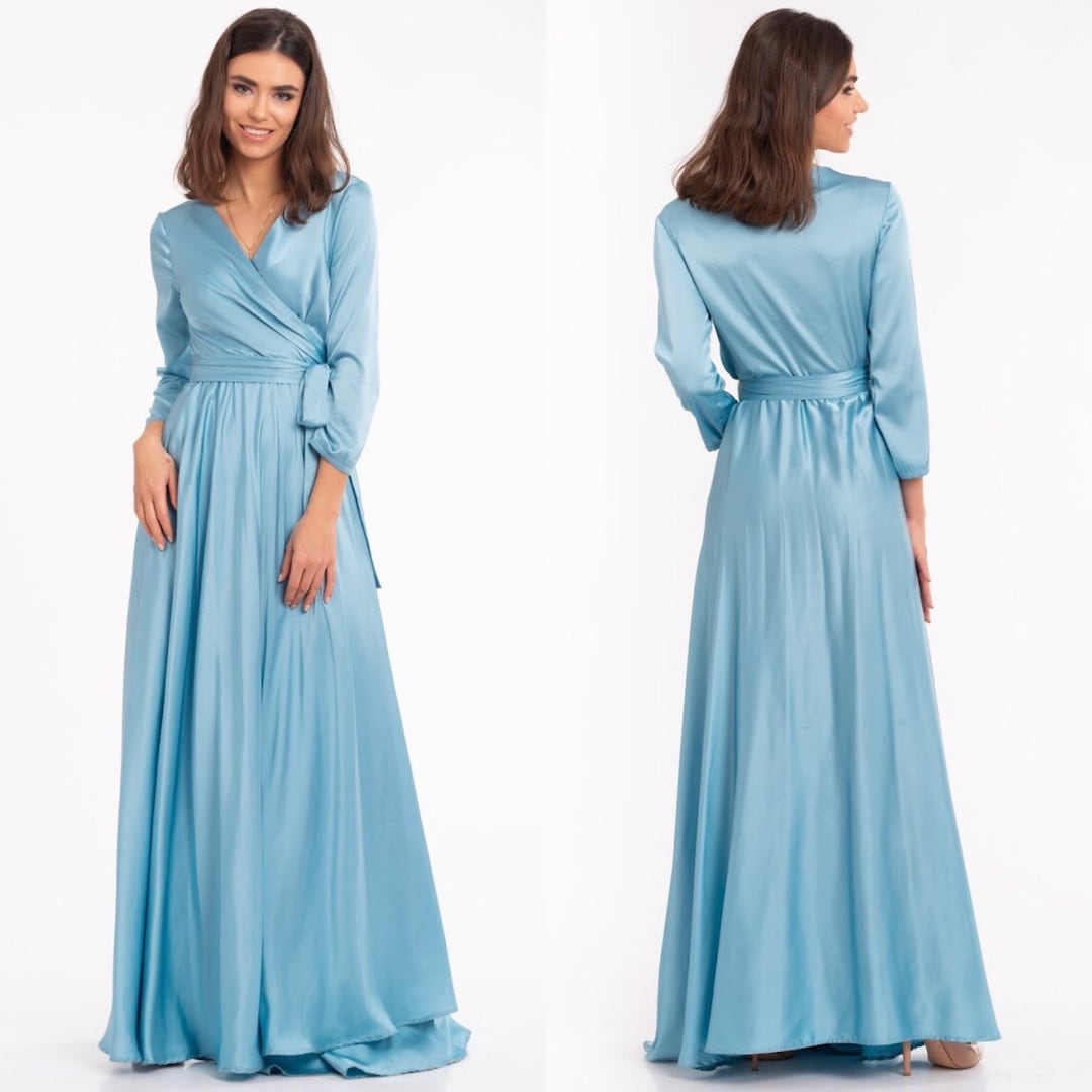 Sky Blue Wrap Dress 3/4 Sleeve Long Dress Silk Maxi Dress - Etsy
