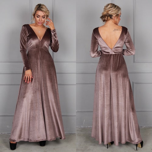 Dark Cappuccino Velvet Dress, V-Neck Velvet Dress, Party Maxi Dress, Bridesmaid Deep Back Gown, Velvet Bridesmaid Dress, A-line Velvet Dress