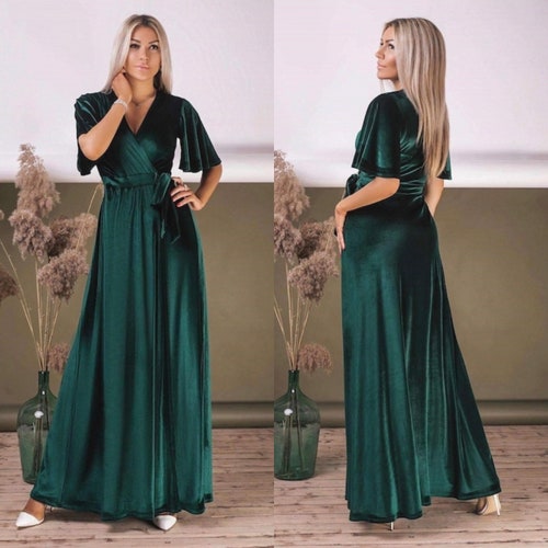 Emerald Green Velvet Dress, Flutter Sleeve Long Dress, Wrap Maxi Dress, Bridesmaid Wrap Gown, Velvet Bridesmaid Dress