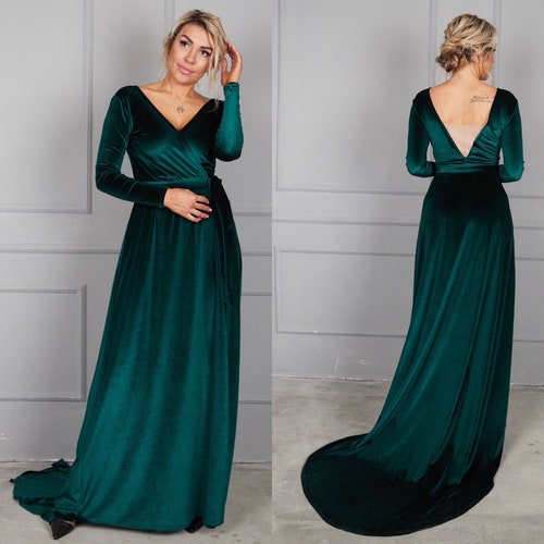 Emerald Green Velvet Dress With Train Flutter Sleeve Velvet - Etsy