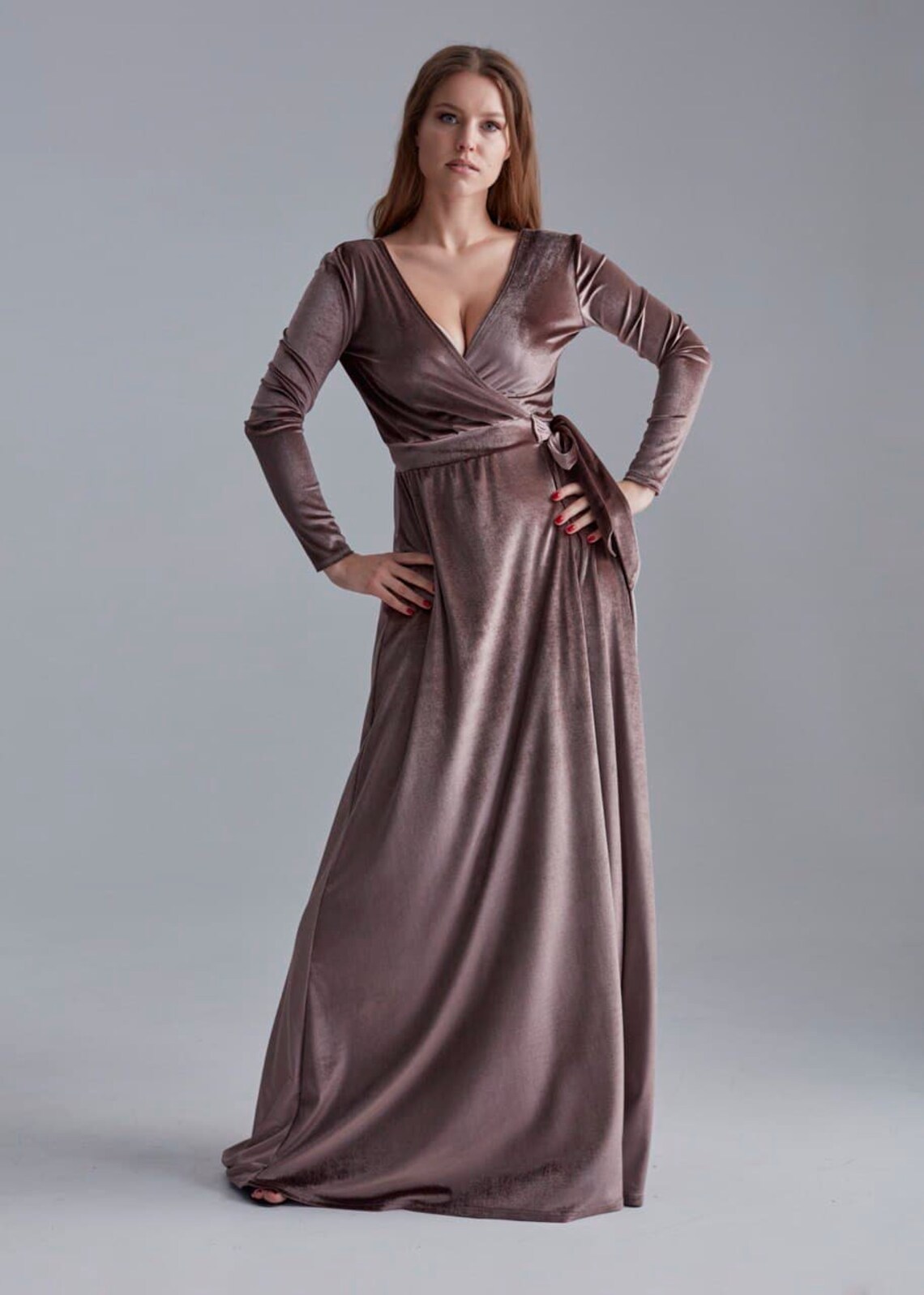 Mauve Velvet Dress with Train Long Sleeve Velvet Dress Wrap | Etsy