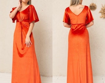 Orange Velvet Dress, Flutter Sleeve Velvet Dress, Velvet Maxi Dress, Bridesmaid Velvet Gown, Floor Length Dress, Dress with knot