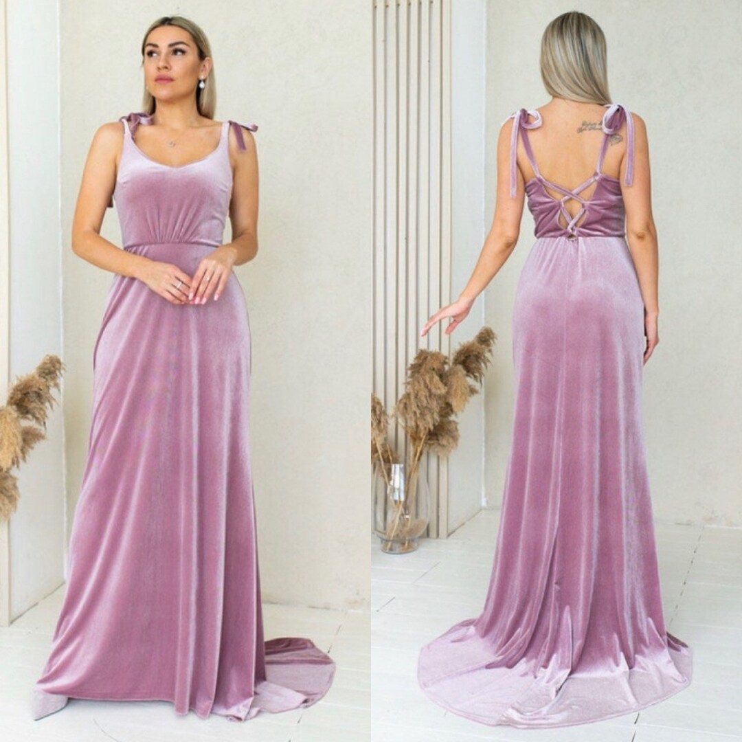 Pink Spaghetti Strap Lace Back Velvet Dress Sleeveless Maxi Crew Neck ...