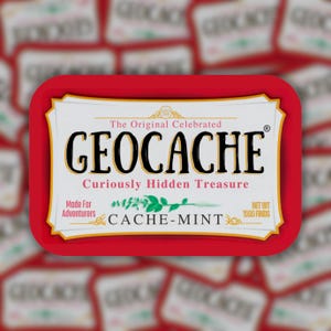 May include: A red rectangular sticker with a white label featuring the text "GEOCACHE" in bold black letters. The label also includes the phrases "Curiously Hidden Treasure" and "CACHE-MINT". The sticker is designed for adventurers.