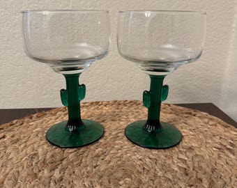 Set (2) Libbey Large Cactus Margarita Glasses, 12 oz Cactus Margarita Glasses, Vintage Margarita Glasses