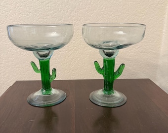 Set (2) of Hand-blown Cactus Margarita Glasses, Bubble Cactus Margarita Glasses, Vintage Cactus Margarita Glasses