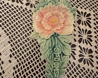 Mid Century 1940's Pink Peony Thick Ceramic Spoon Rest, Vintage Floral Spoon Rest