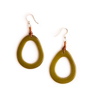 Marianitas Oval Dangle Earrings | Handmade Tagua Bohemian Beaded Jewelry, Lightweight & Nickel-Free | Geometric Design Wooden Seed Earrings Olive Green
