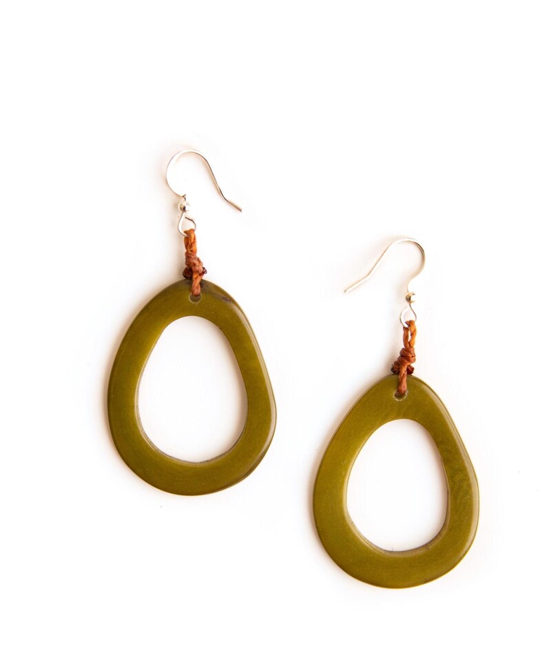 Marianitas Oval Dangle Earrings | Handmade Tagua Bohemian Beaded Jewelry, Lightweight & Nickel-Free | Geometric Design Wooden Seed Earrings Olive Green