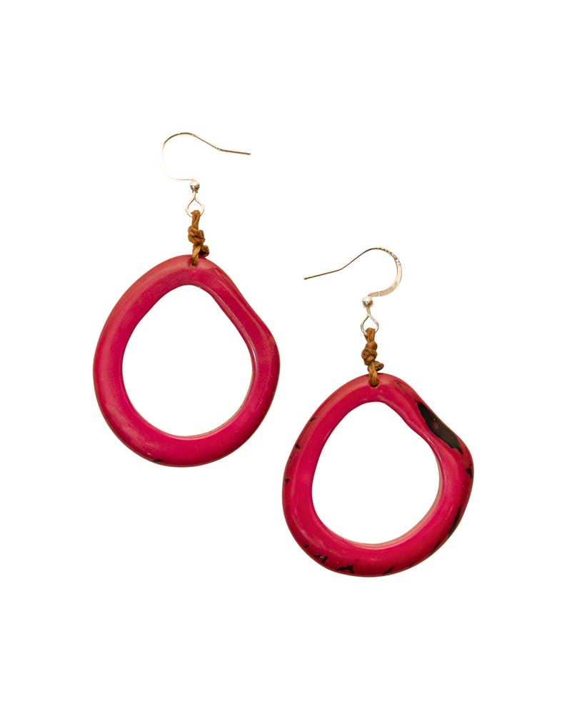 Marianitas Oval Dangle Earrings | Handmade Tagua Bohemian Beaded Jewelry, Lightweight & Nickel-Free | Geometric Design Wooden Seed Earrings Magenta