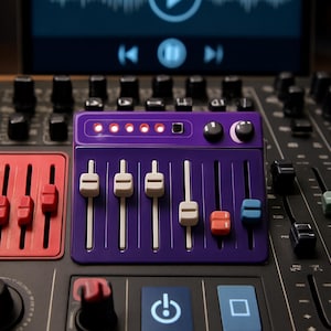 May include: A close-up of a sound mixing console with a purple control panel featuring white faders and red and blue accents. The console has a red panel with red faders and a digital display in the background.