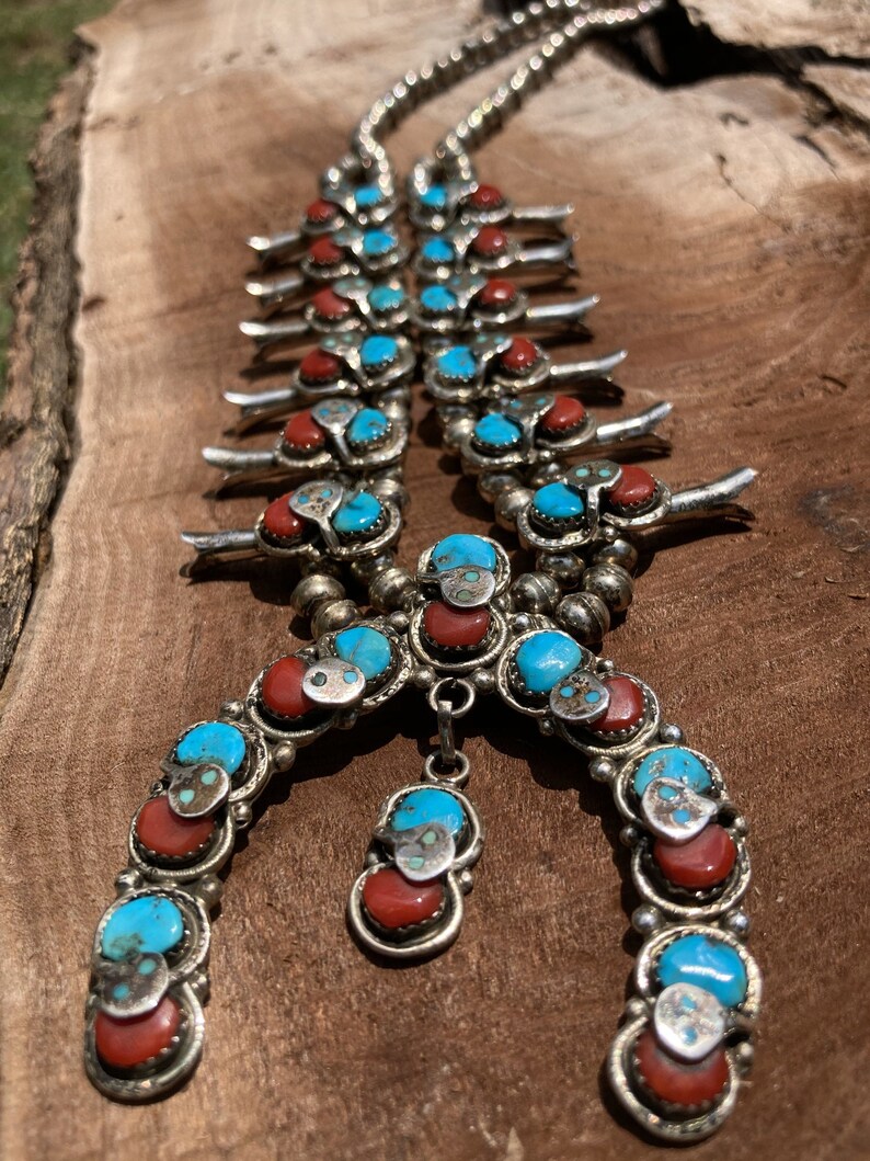 Effie C Turquoise and Coral Squash Blossom Necklace Sterling Etsy