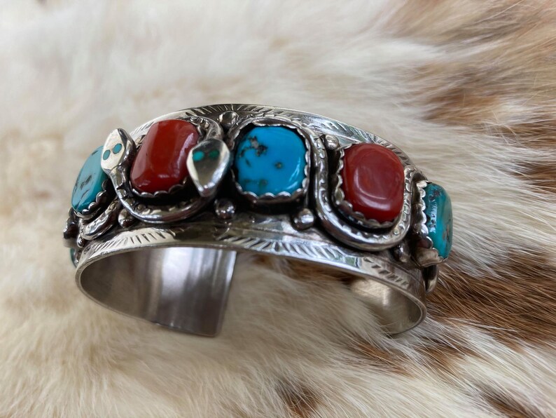 Effie C Zuni Men's Cuff Bracelet Turquoise Coral Etsy