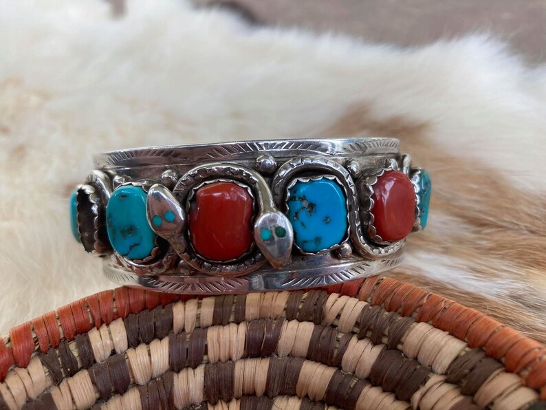 Effie C Zuni Men's Cuff Bracelet Turquoise Coral Etsy