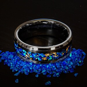 Blue Opal & 24k Gold Leaf Ring - Tungsten Wedding Band, Custom Sizes/Widths, Unisex Promise Ring