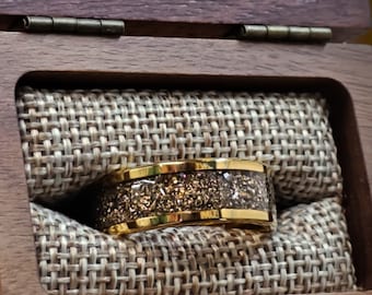 18k Gold-Plated Tungsten Meteorite shavings ring with 24k Gold leaf and brass flakes, unique band for him and her, Engraving included