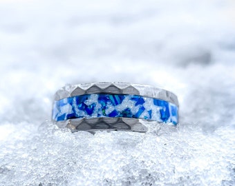 Blue Ice opal glow ring for men and women, tungsten and black ceramic for wedding, anniversary present, unique statement gift ring