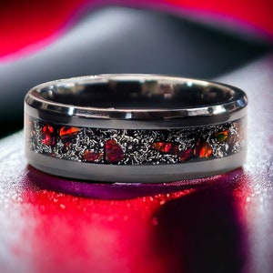 Red Lava Opal & Meteorite Ring in Black Ceramic/Tungsten - Celestial Inspired, Custom Sizes, Unique Wedding or Promise Band