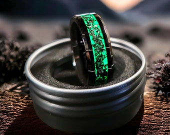 Men's Meteorite Ring - Glow in the Dark, Green Inlay, 8mmBlack Ceramic/Tungsten Band, Campo Del Cielo Shavings, Free Engraving, All Sizes