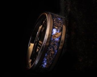 Meteorite glow Ring, mens rings, Tungsten gold leaf, Unique Wedding ring, Wedding Band, couples promise ring, Anniversary gift, womens rings