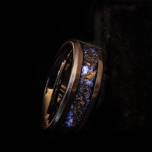 Meteorite glow Ring, mens rings, Tungsten gold leaf, Unique Wedding ring, Wedding Band, couples promise ring, Anniversary gift, womens rings image 1