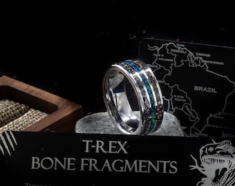 T-REX Bone, Meteorite and Opal glow ring on a Tungsten or Black Ceramic band for him and her wedding or engagement, couples promise bands