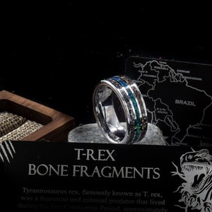 T-REX Bone, Meteorite and Opal glow ring on a Tungsten or Black Ceramic band for him and her wedding or engagement, couples promise bands