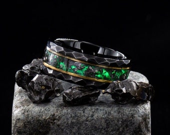 Campo del Cielo Meteorite Ring - Black Tungsten with Green Glow, Celestial Masterpiece, Genuine Meteorite Shavings, Lifetime Warranty