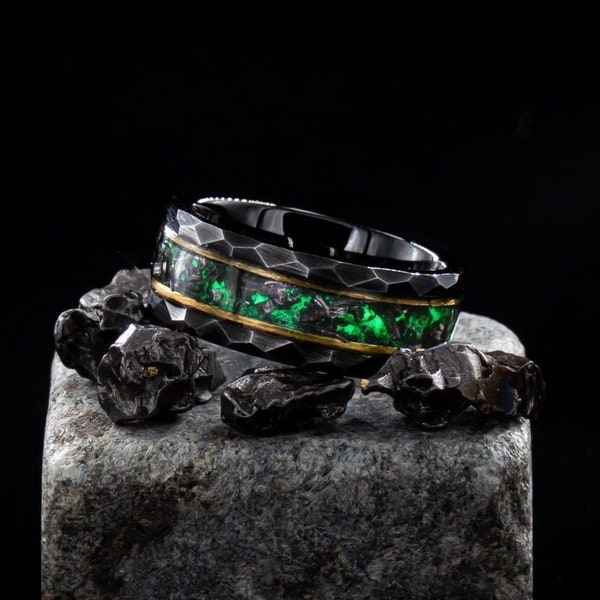 Campo del Cielo Meteorite Ring - Black Tungsten with Green Glow, Celestial Masterpiece, Genuine Meteorite Shavings, Lifetime Warranty