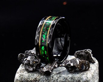 Meteorite black tungsten unique glow ring, wedding bands, All sizes, his and hers, couples promise ring, anniversary gift
