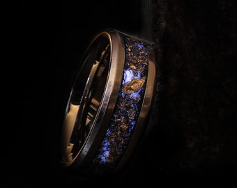 Meteorite Glow Ring - Gold Leaf, Tungsten or Ceramic Band, UV Activated - for him and her all sizes -Perfect for Weddings & Gifts