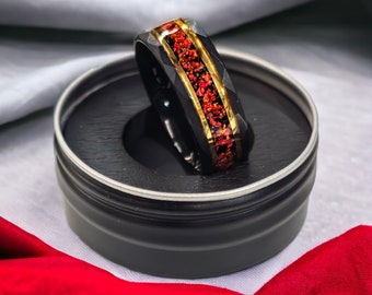 Red Opal Inlay Ring - 18k Gold Accents, Hammered Black Tungsten, Unisex Wedding/Engagement Band