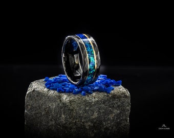 Blue Opal Wedding Band - Hammered Black Tungsten with 18k Gold Accents, Unisex Couple's Promise Ring, Available in All Sizes