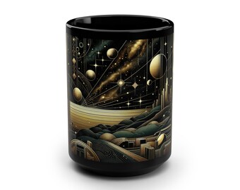 15oz Cosmic Art Deco Mug - Space-Themed Black Ceramic for Hot and cold Beverages, Glossy Finish, gift for him and her