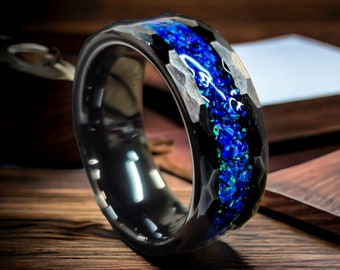 Hammered Black Ceramic Opal Ring - Blue and green Stone - Handmade Jewelry - Unique Gift - Mens rings and women's rings