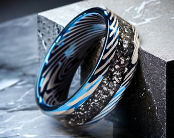 Damascus Blue Tungsten meteorite Ring for Men and women, Inlayed with Genuine Campo del Cielo Meteorite Shavings, Custom Wedding Band gift