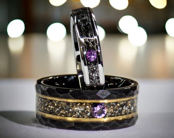 Meteorite Ring with Purple CZ Stone - Campo Del Cielo, 18k Gold, Black Tungsten - Customizable Sizes - Unique Handcrafted Jewelry