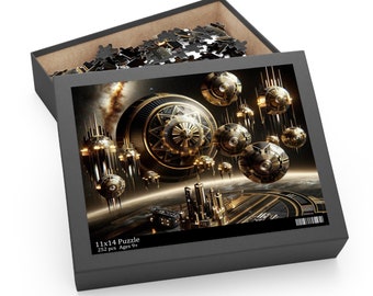 Art Deco and Space-Themed 252-Piece Puzzle | 14x11" Cosmic Journey Jigsaw | Gold, Black Celestial Design | Family Activity | Perfect Gift