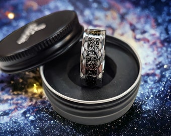 Campo Del Cielo Meteorite Ring - Unisex Tungsten & Black Ceramic Wedding Band, Couple's Promise Ring