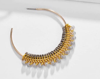 Braided crystal bead hoop earrings | Silver hoops | Gray beads | statement earrings | boho earrings | fall 2020 trend