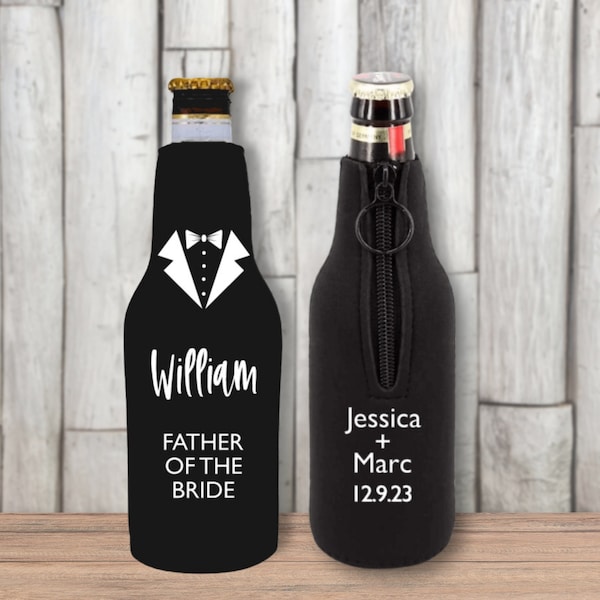 Custom Beer Bottle Insulator Sleeve | Personalized for Father of the Bride, Mother of the Bride, Father of the Groom and Mother of the Groom