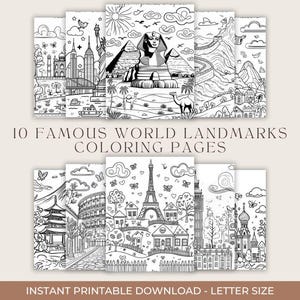 10 pages à colorier de monuments du monde célèbres pour les enfants – Lot de 10 coloriages de voyage à imprimer – Téléchargement numérique